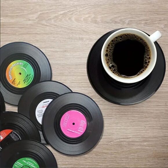 Retro Mini Vinyl Record Coaster Set of Six Trendy Preppy Music Album New - Picture 2 of 4